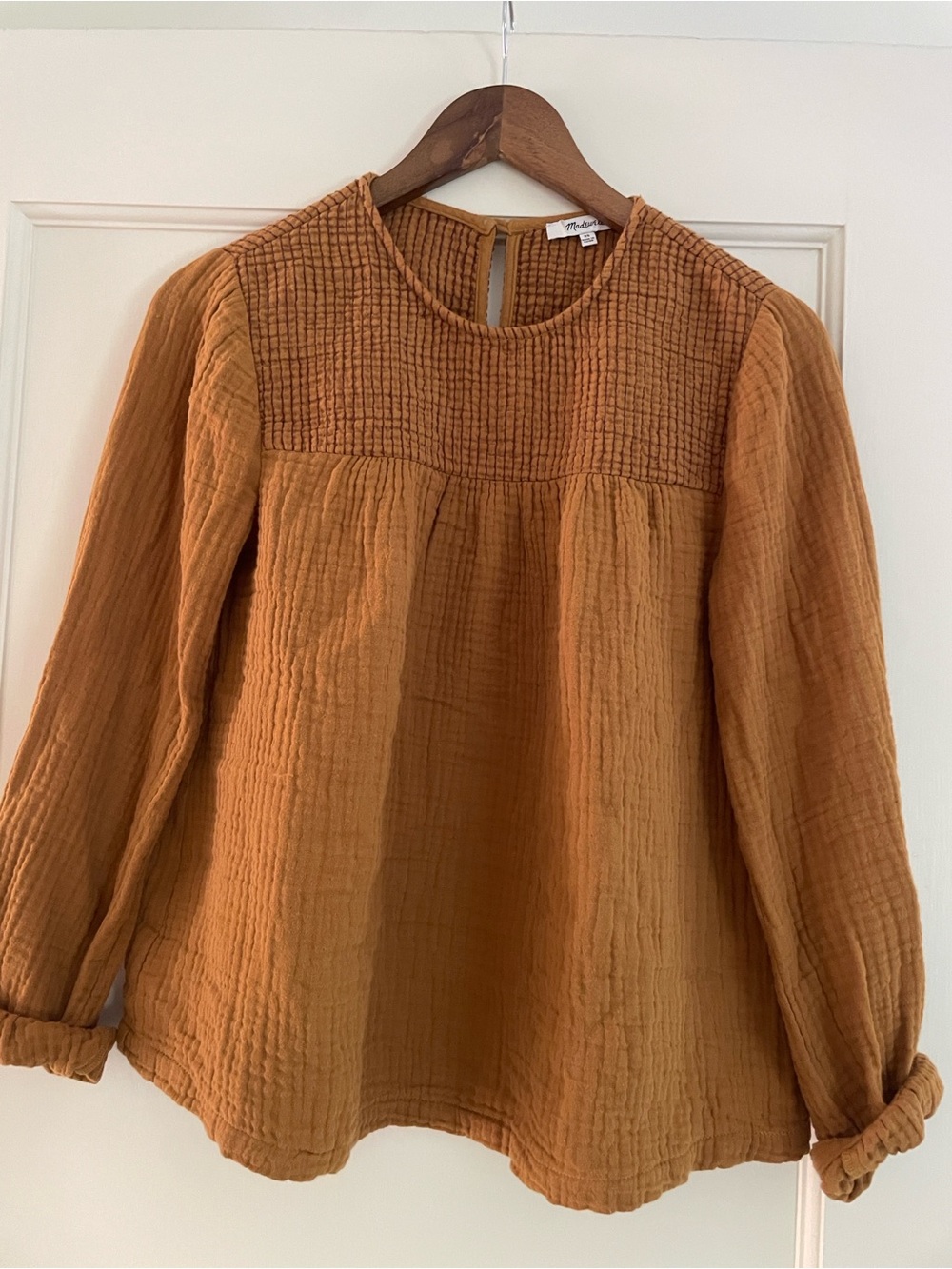 Madewell Rust Textured Smocked-Yoke Long Sleeve Top
